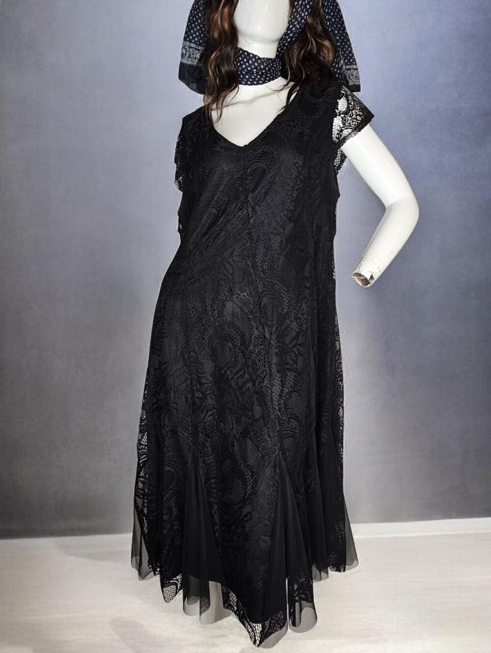 Candalite Vintage Black Lace Midi Dress 30s Style Floral Pattern Size XL
